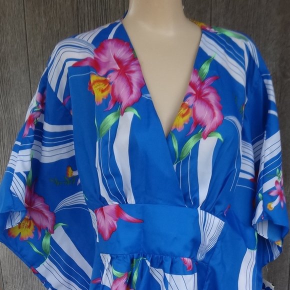 NOS Vtg Hawaiian OS Hattie Summer Bold Blue Pink Floral Dress Maxi Muu Muu +Size - Picture 11 of 11